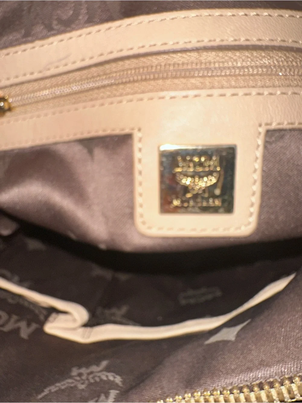 MCM Visetos Hobo Shoulder Bag Beige Cognac Leather Gold Hardware Padlock Key